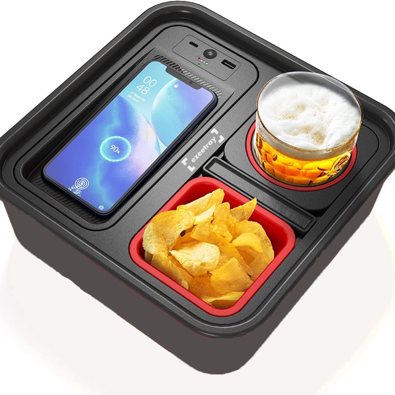 EZEETRAY Cup Holder BLACK Tray with Wireless charging port, Couch Tray with Cup Holder Sofa Drink Snack Tray, Couch Arm Table, Self Balancing Console for Sofa, Couch, Bed, Car, Beach, Video Games