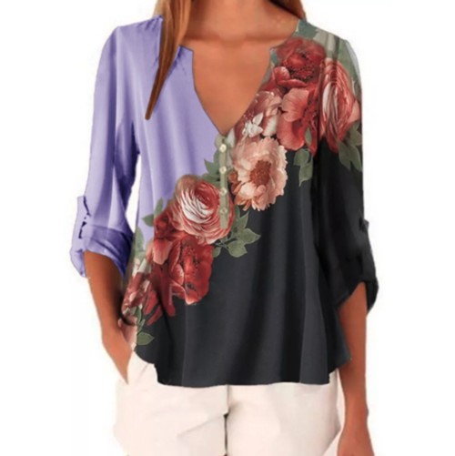 Womens V Neck Floral Chiffon Top M PURPLE 