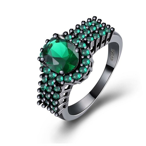 Vintage Black Plated Green Marisa Ring with  Crystals