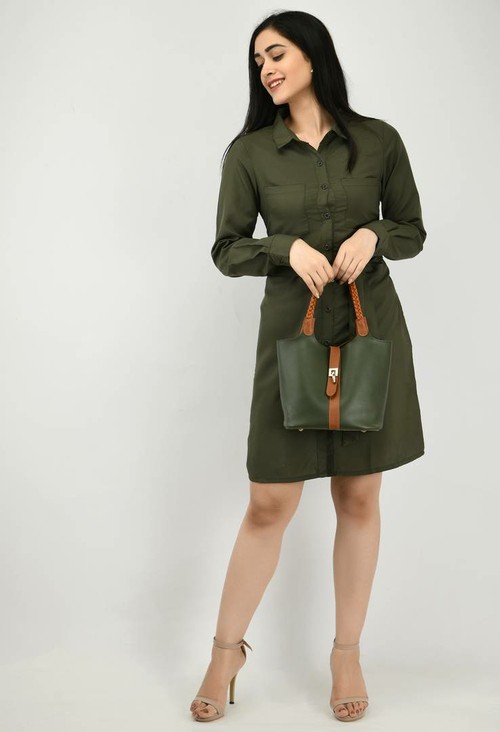 Modern Green Crepe Shirt Dress For Women