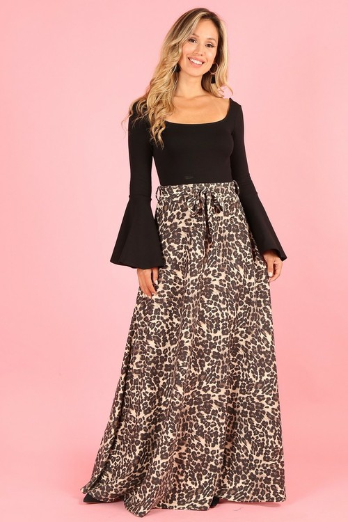 1214 Cheetah, high waist, a-line maxi skirt, loose fit, waist tie belt 3XL LIGHT CHEETAH 