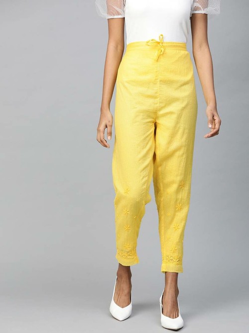 Women's Yellow Cotton Silk Self Design Ethnic Pants