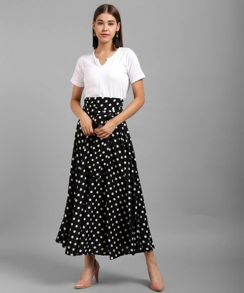 Elegant Solid Cotton V-Neck White Top And Crepe Printed Skirt With