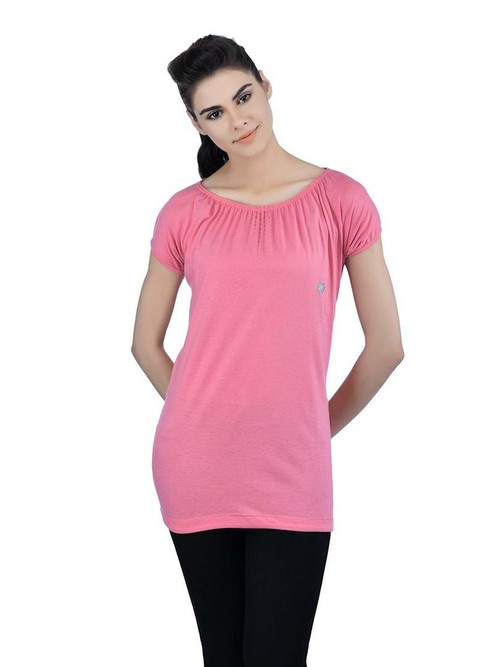 Women's Regular Length Pink Cotton Round Neck Tees