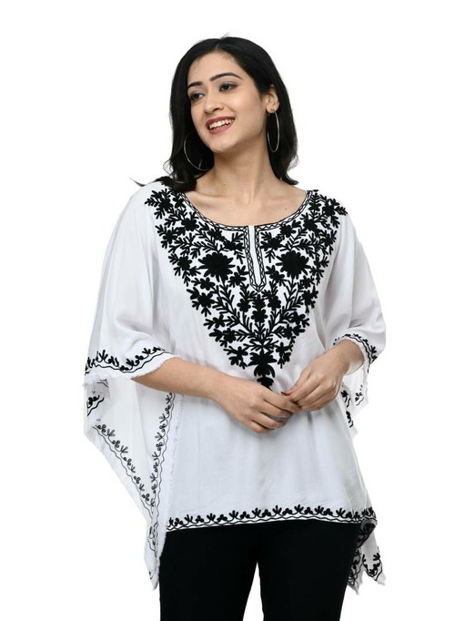 Fashionable White Rayon Embroidered Top For Women XL 