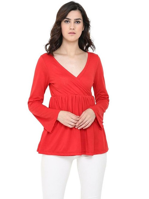 Women's Regular Length Red Cotton Round Neck Tees