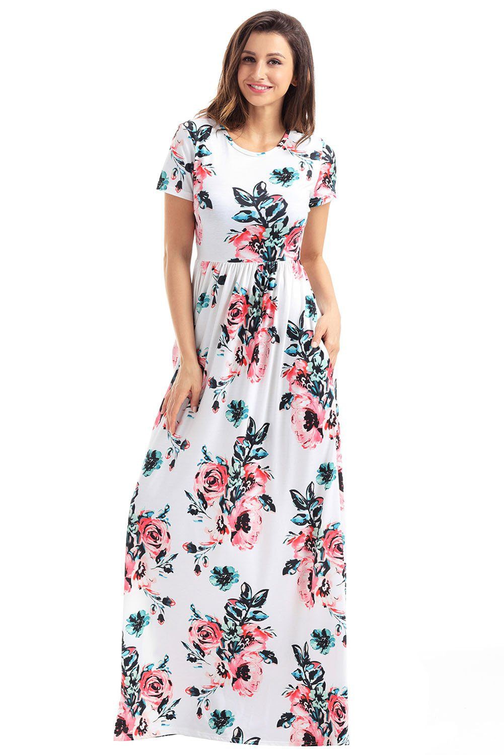 Pocket Design Short Sleeve White Colorful Floral Maxi Dress