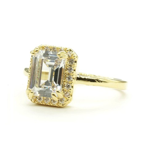 Emerald Cut Halo Engagement Style Gold Tone Ring 5 