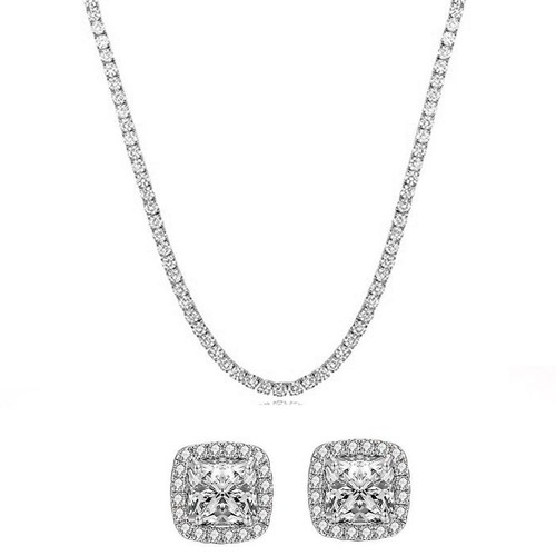 Swarovski Elements Tennis Necklace and Princess Halo Earring Set in
