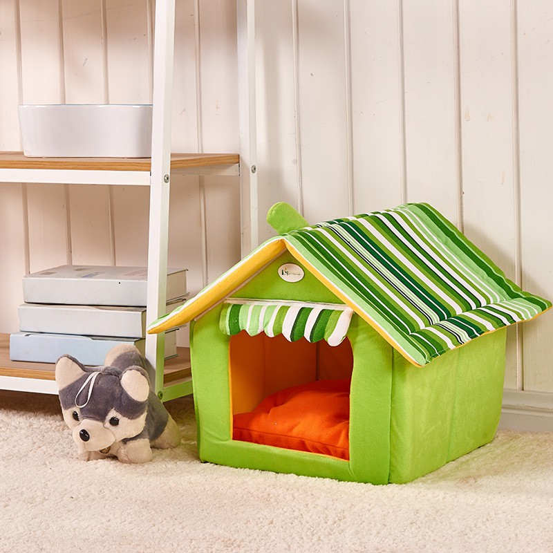 Warm Winter House Kennel Semi-enclosed Dog Kennel Cat Kennel Household Four Seasons General Small And Medium Pet Kennel Removable And Washable GREEN M 40*35 