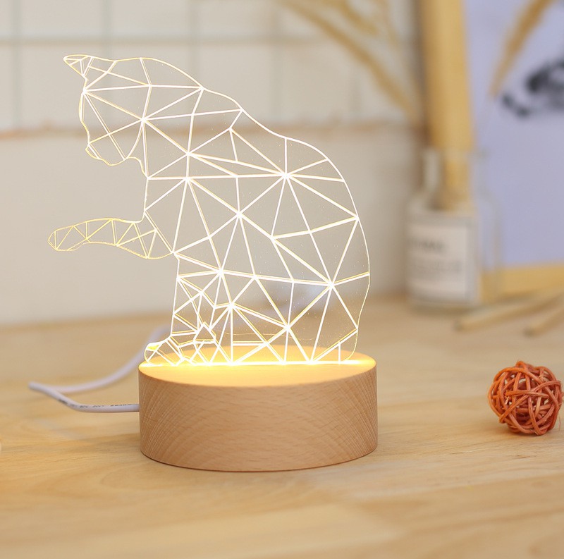 Creative Solid Wood Reaching Cat LED Night Light Lucky Cat Animal 3D Table Lamp