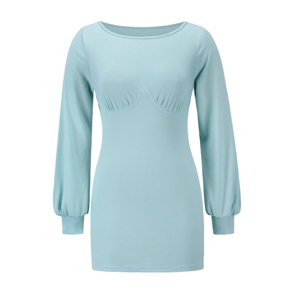 Women's Sexy Casual Long Sleeve Short Dress Mini Dress L BLUE 