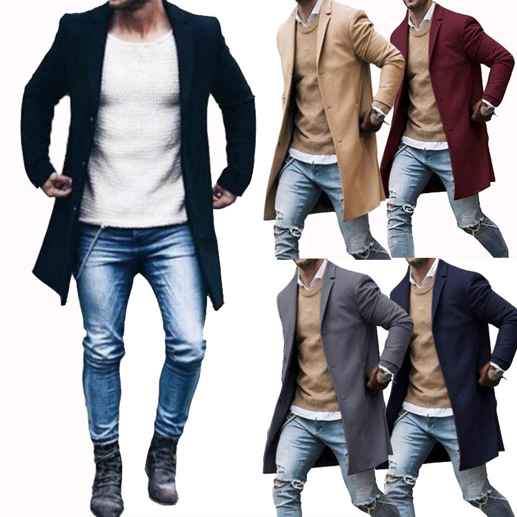 Fashion Winter Men's Trench Long Jackets Coats Overcoat Classic Jackets Solid Slim Fit Outwear Hombre Men Clothes Khaki Black