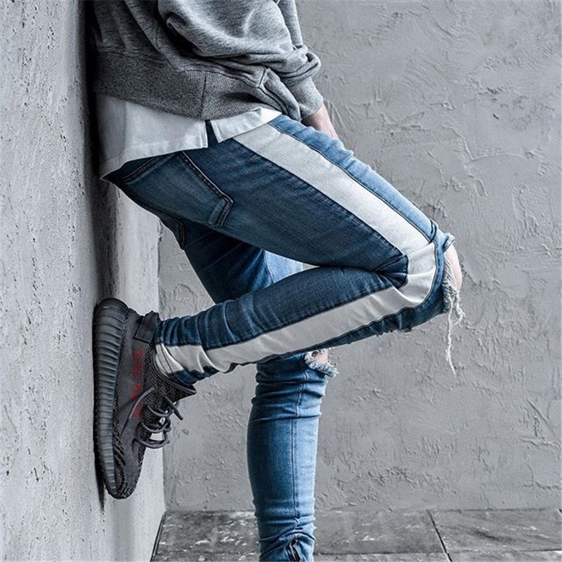 Men's retro white striped knee-length big ripped hole ripped sole slim fit side zippered leg jeans