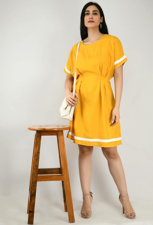 Modern Yellow Crepe A- Line Dress For Women