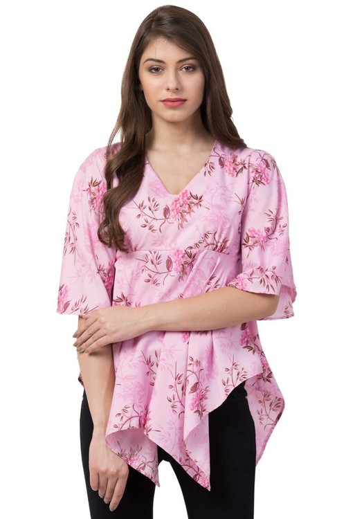 Casual Flared Sleeve Floral Print Women Pink Top