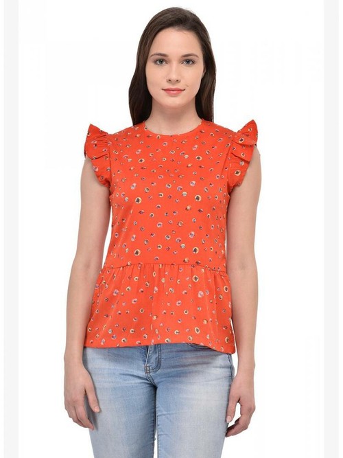 Women's Regular Length Orange Polyester Round Neck Tees