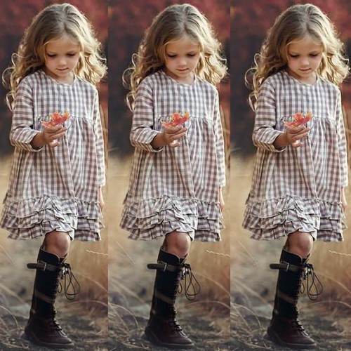 2022 Girls INS Plaid Fashion Dress Big Kids Long Sleeve