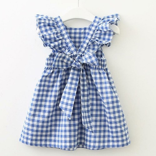 New  Flying sleeve Plaid Baby Girl Clothes Ruffles Backless