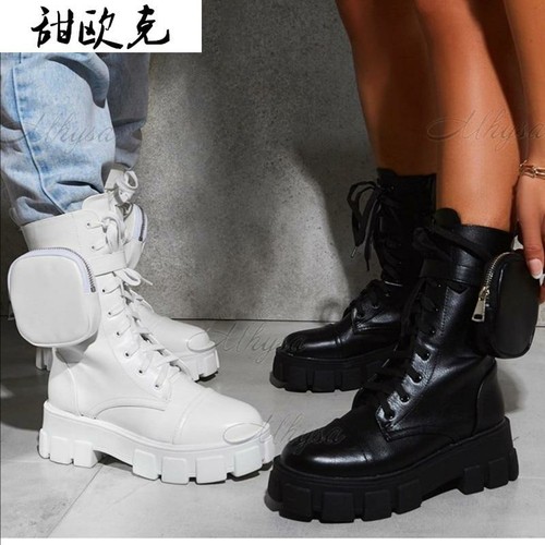 Women Pocket Boot Lace Up Ladies Ankle Boots Female Buckle Strap Black