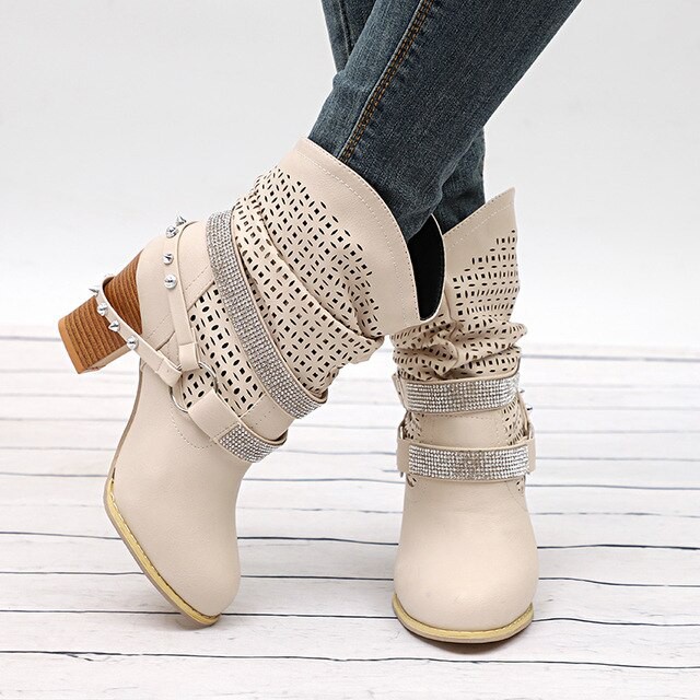 Women Boots Autumn High Heels Shoes Female Rivet BEIGE 6 