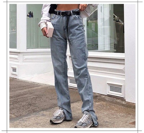 High Waist Split Jeans With Pockets Women Autumn Winter Floor Length