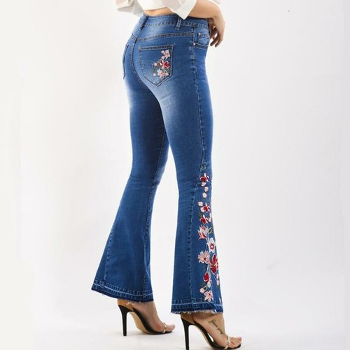 Embroidery Woman Skinny Flare Pants Denim Jeans