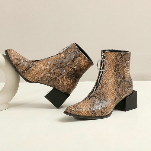 Women Snake Print Western Boots Fashion Zipper Suqare Heel Ankle