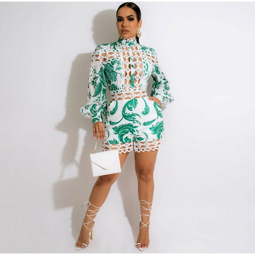 Hollow Out Printting Playsuits Long Sleeve Top And Shorts Set