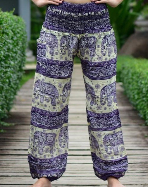 Bohotusk Mens Purple Elephant Herd Harem Pants Cord Tie Waist M/L to